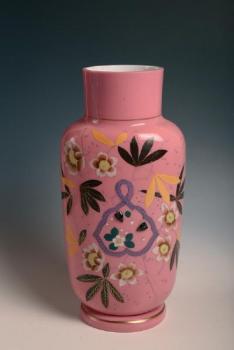 Pink vase richly painted with flowers and insect Pink vase richly painted with flowers and insect
