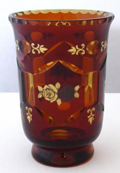 Vase of amber glass, painted gold and silver roses